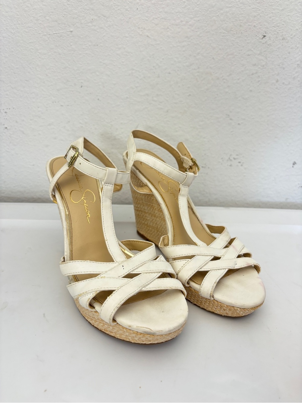 White Leather Jessica Simpson Wedges